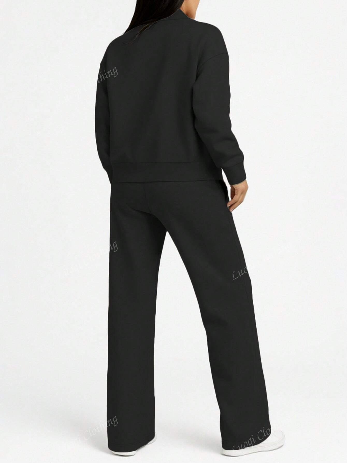 Solid Color Minimalist Hoodie Jacket Top And Straight Leg Pants, Fashion Outfit