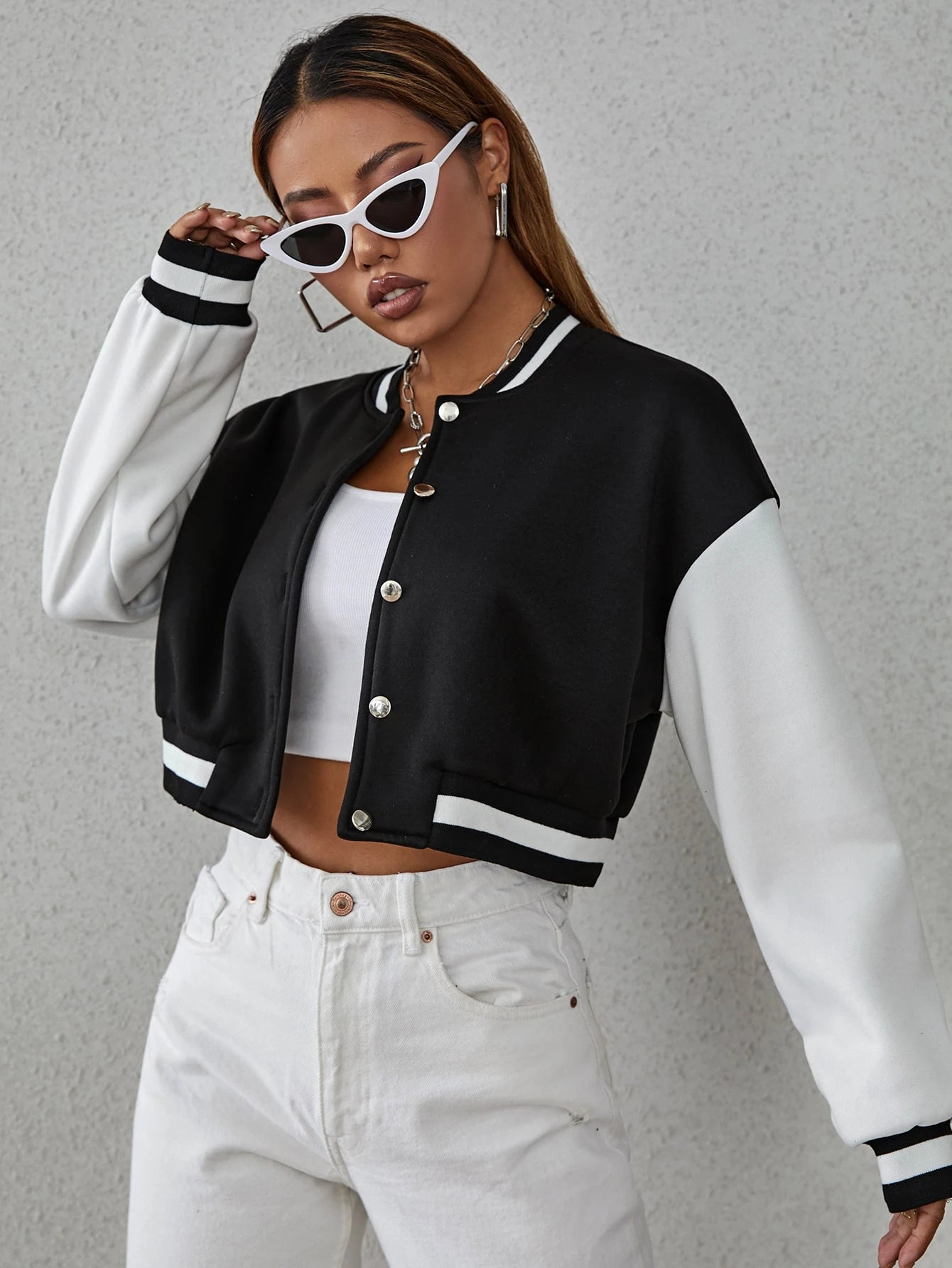 Drop Shoulder Two Tone Crop Varsity Jacket Fall Winter Cloth For Women