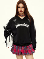 V-Neck Letter Print Drop Shoulder Long Sleeve Casual Sweatshirt Pullover Fall