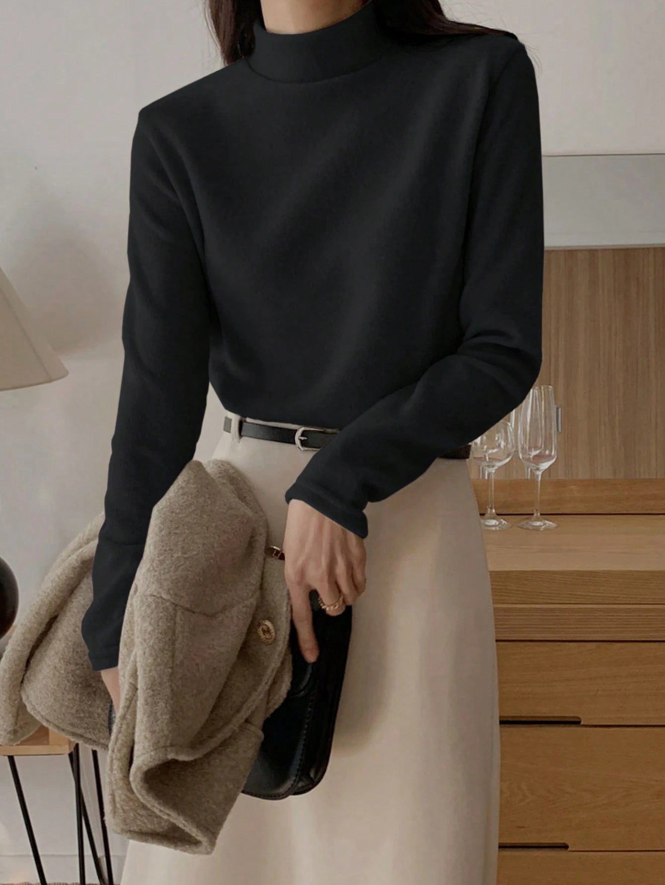 Stand Collar Solid Color T-Shirt Long Sleeve Women Tops