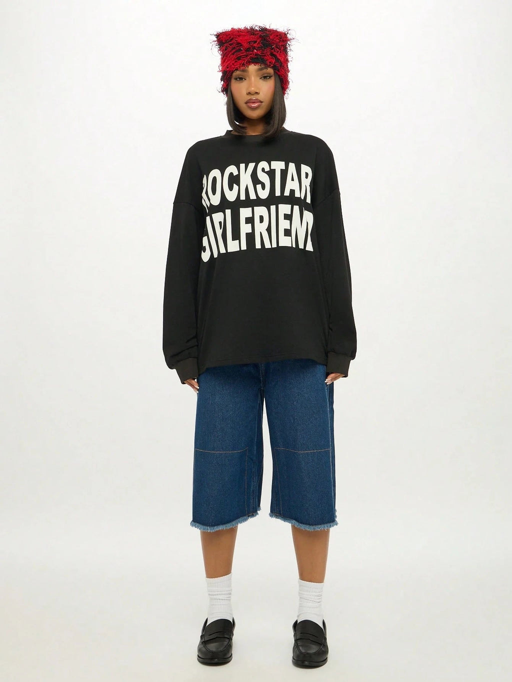 Rockstar Girlfriend Long Sleeve Graphic Tee Oversized Boyfriend Style Cotton Blend Statement Top