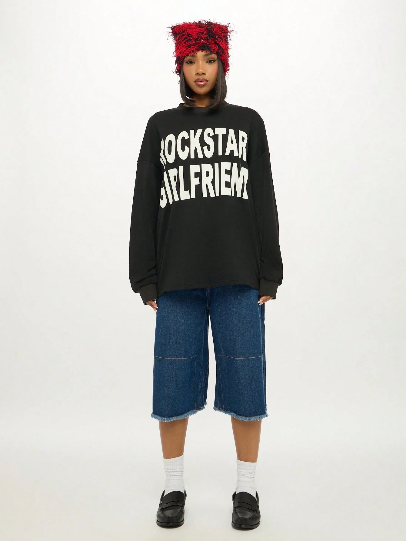 Rockstar Girlfriend Long Sleeve Graphic Tee Oversized Boyfriend Style Cotton Blend Statement Top