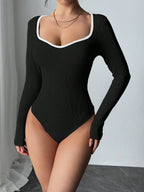 Long Sleeve Slim-Fit Contrast Trim Minimalist Fashion Bodysuit