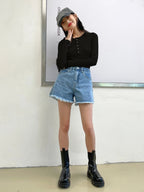Ribbed Long Sleeve Henley Top - Button Neck Slim Fit Casual Tee