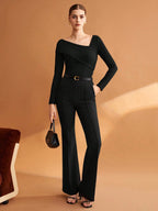 Elastic Ruched Asymmetric Neck Long Sleeve Elegant T-Shirt