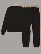 Two-Piece Fashion Warm Plus Fleece Round Neck Sweatshirt + Sports Sweatpants Simple Letter Print