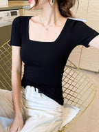 Square Neck Black Short Sleeve T-Shirt
