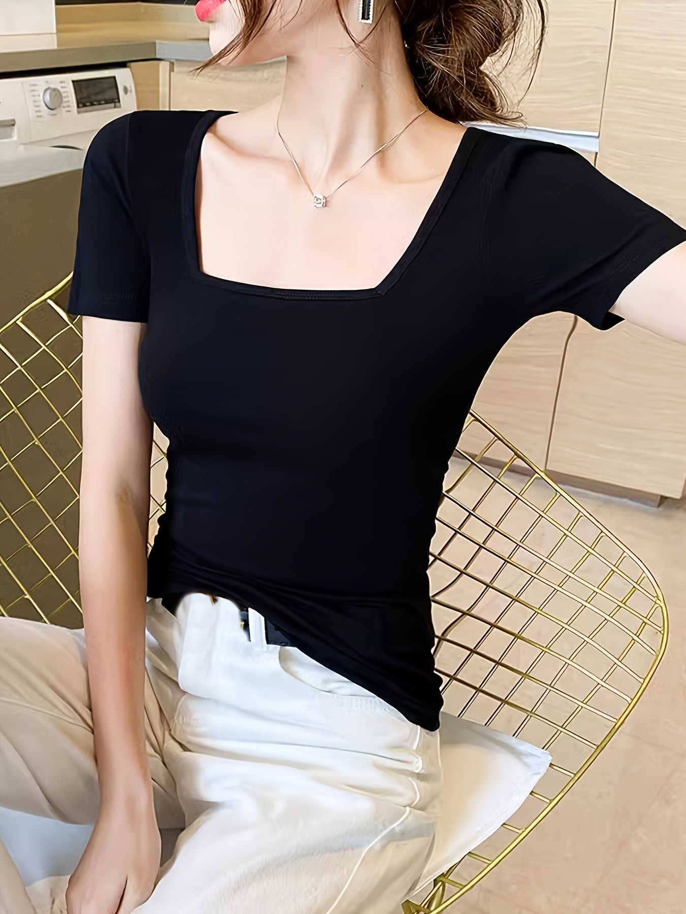 Square Neck Black Short Sleeve T-Shirt