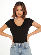 V-Neck Short Sleeve Solid Color Slim Fit Casual Tee