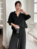 Casual Solid Color Turndown Collar Loose Sweater And Wide Leg Pants 2 Pieces Set