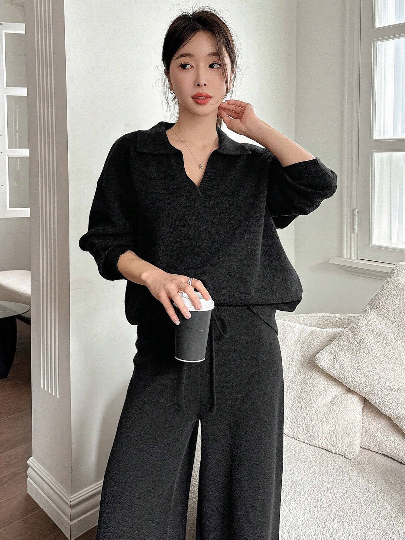 Casual Solid Color Turndown Collar Loose Sweater And Wide Leg Pants 2 Pieces Set