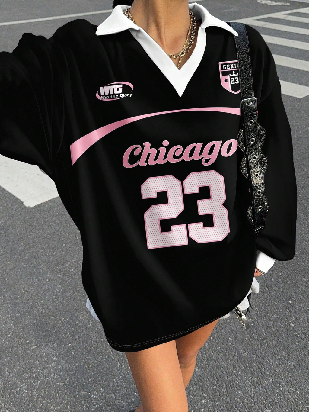 Casual Contrast Color Polo Collar Long Sleeve Loose T-Shirt