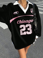 Casual Contrast Color Polo Collar Long Sleeve Loose T-Shirt