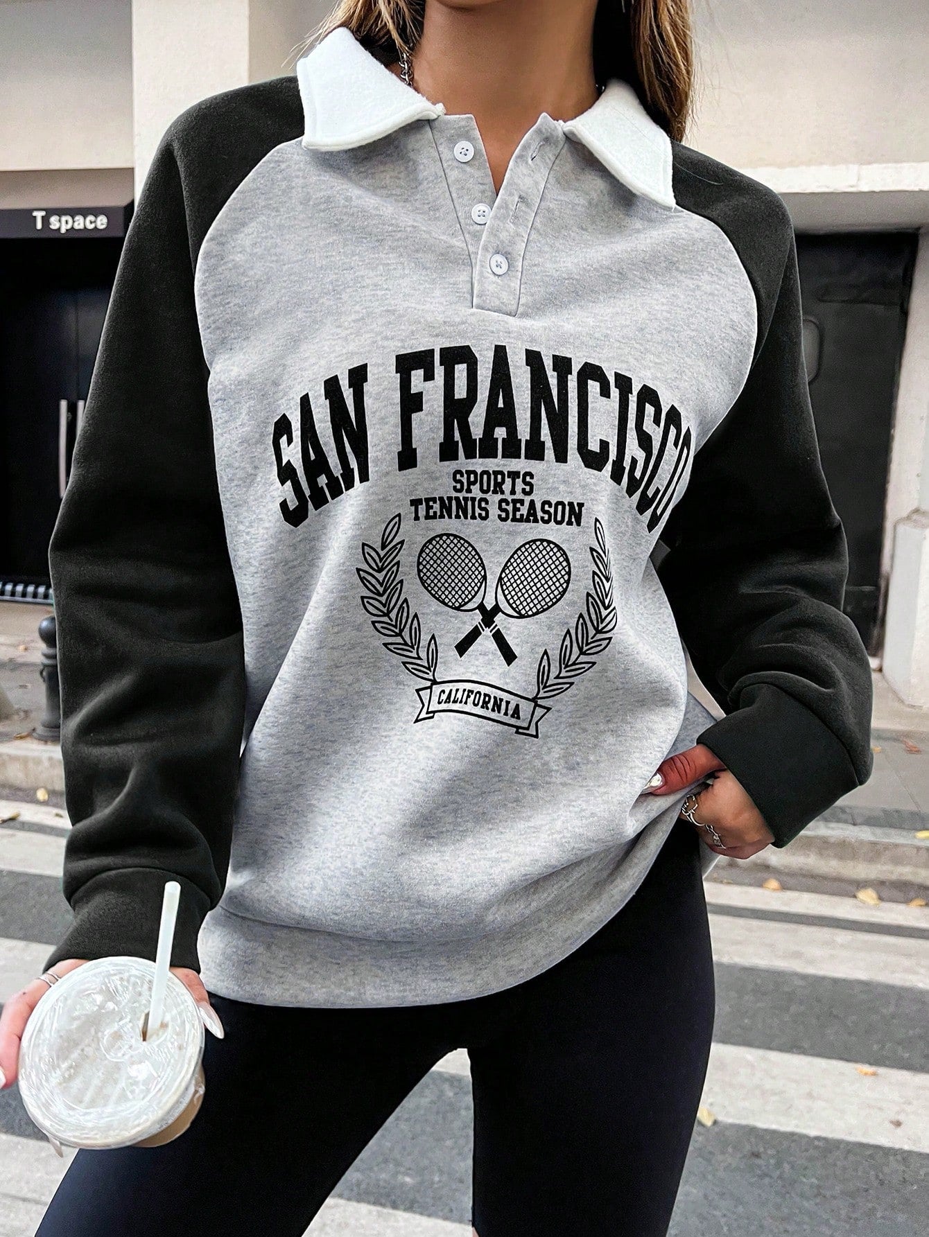 Letter Graphic Contrast Collar Raglan Sleeve Polo Neck Sweatshirt