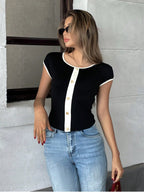 Elegant Casual Contrast Color Slim Fit Short Sleeve Tee