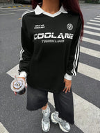 Fall/Winter Casual/Going Out V-Neck Banded Texture Decoration Black Baggy Sport Sweatshirt