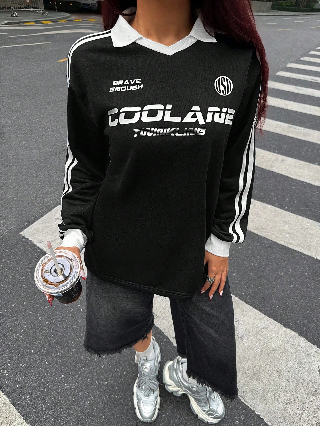 Fall/Winter Casual/Going Out V-Neck Banded Texture Decoration Black Baggy Sport Sweatshirt