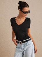 Solid Black Backless Short Sleeve Tee, Effortless Chic Essential, Summer Top