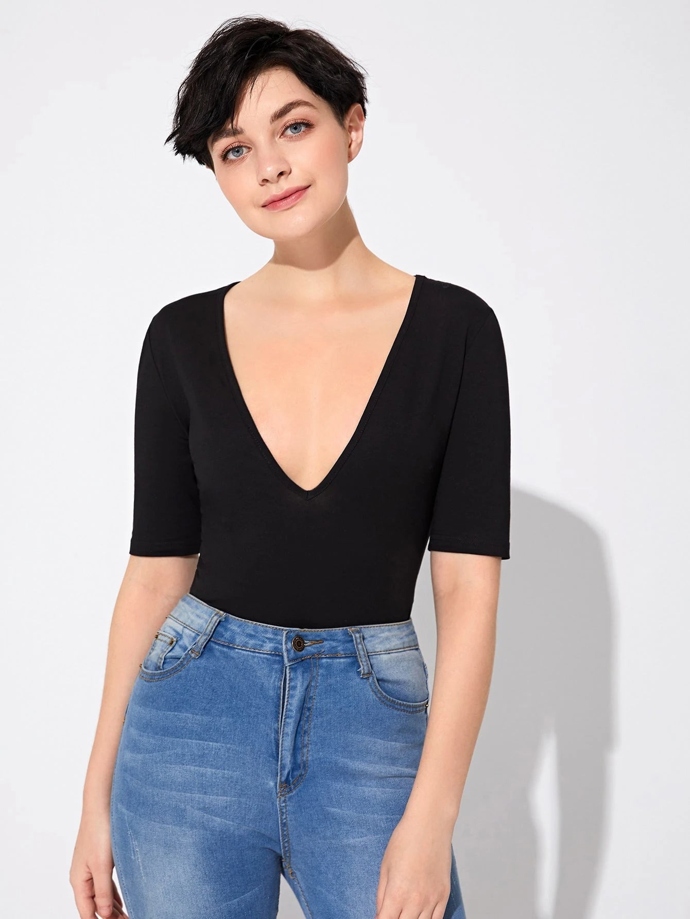 Slim Fit Deep V-Neck Plunging Neck T-Shirt