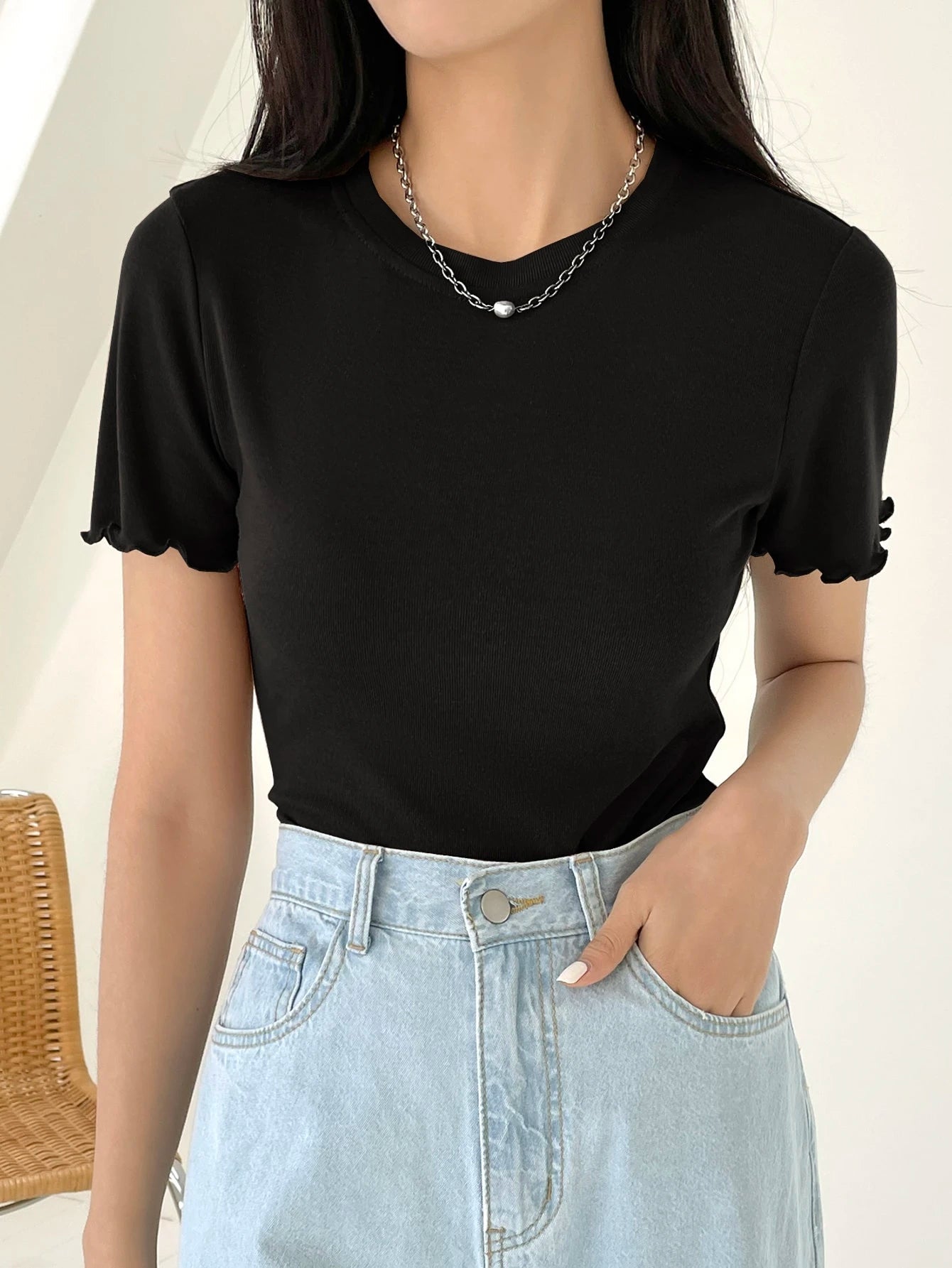 Lettuce Trim Ribbed Knit Tee Summer