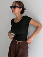 Solid Backless Crop Ribbed Knit Tee,Halter Top