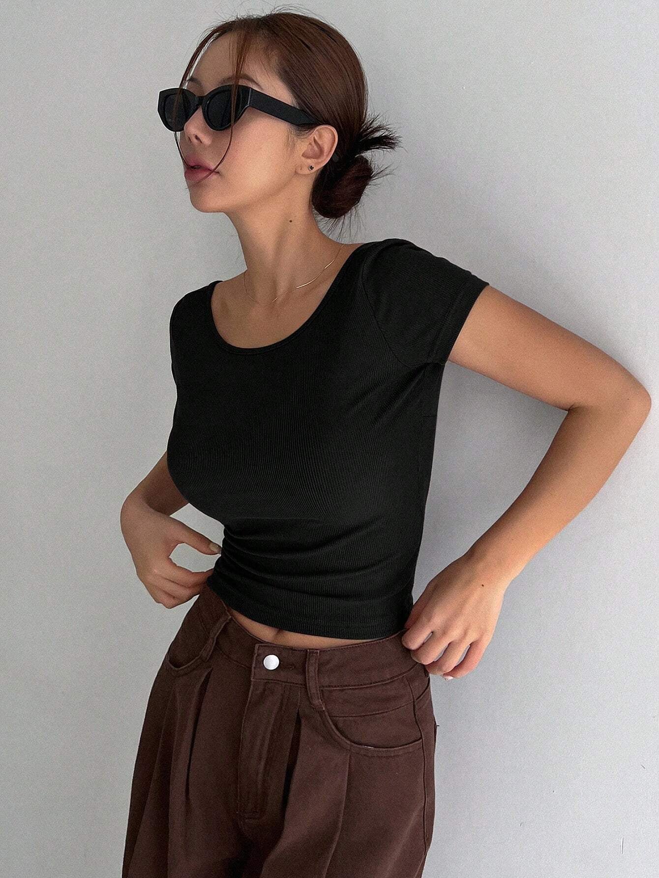 Solid Backless Crop Ribbed Knit Tee,Halter Top