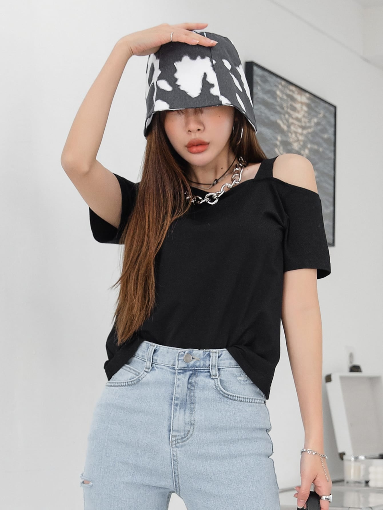 Solid Asymmetrical Neck Tee