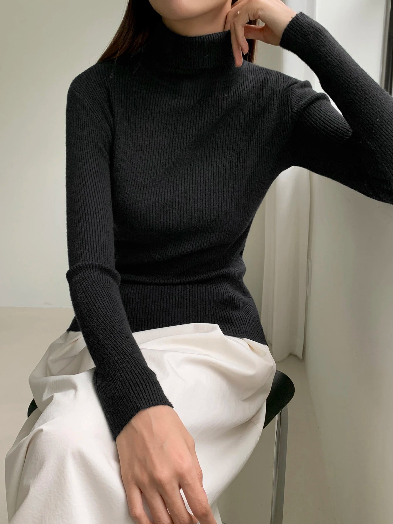 Basic Solid High Neck Long Sleeve Knit Sweater
