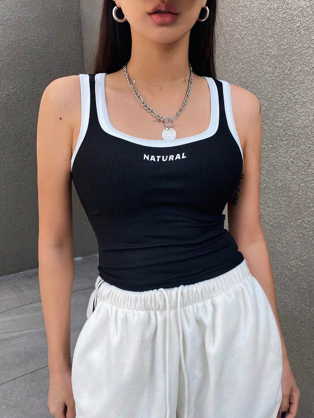 Letter Print Contrast Trim Tight Crop Tank Top With U-Neck For Women
