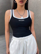 Letter Print Contrast Trim Tight Crop Tank Top With U-Neck For Women