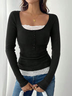 Round Neck 2 In 1 Lace Patchwork T-Shirt, Brown Velour Ribbed