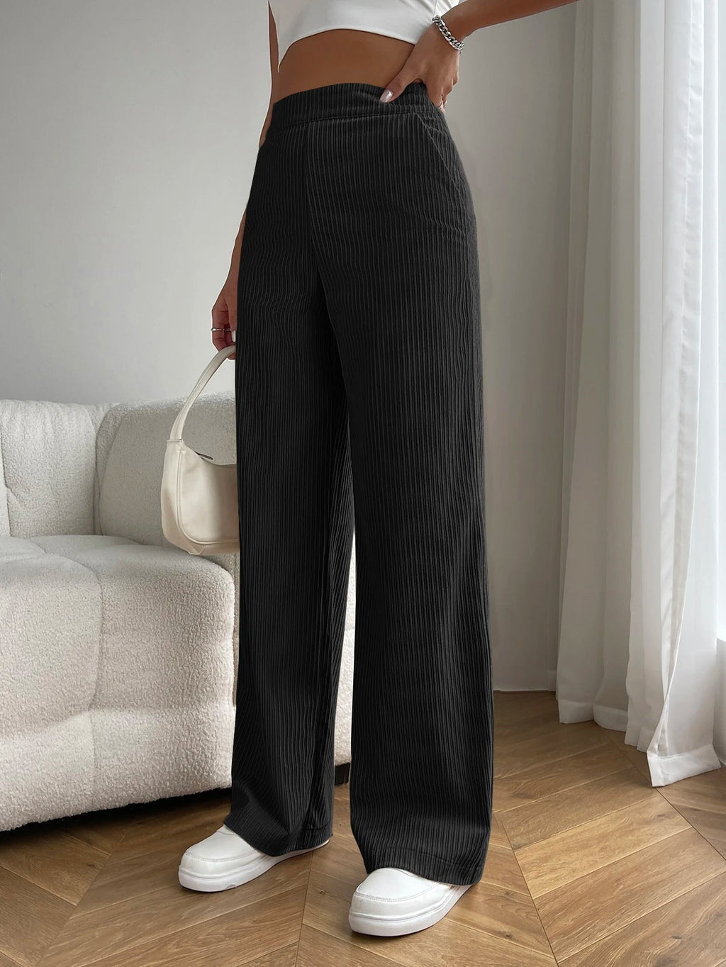 Solid Color High Waist Pockets Straight Loose Casual Pants