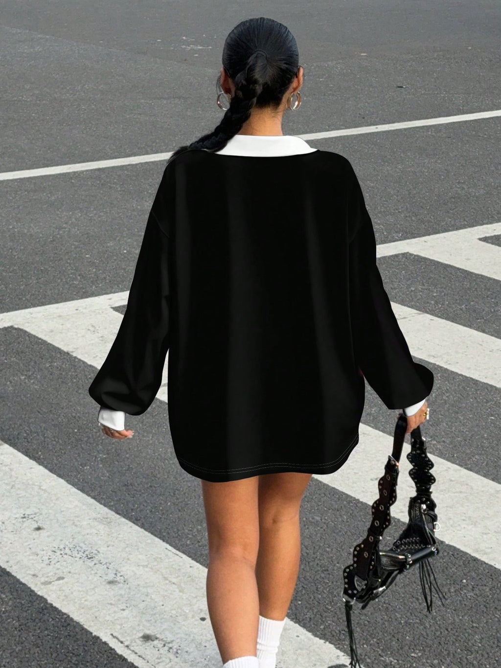 Casual Contrast Color Polo Collar Long Sleeve Loose T-Shirt