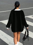 Casual Contrast Color Polo Collar Long Sleeve Loose T-Shirt