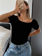 Casual Solid Color Short Sleeve Slim Fit T-Shirt,Halter Top