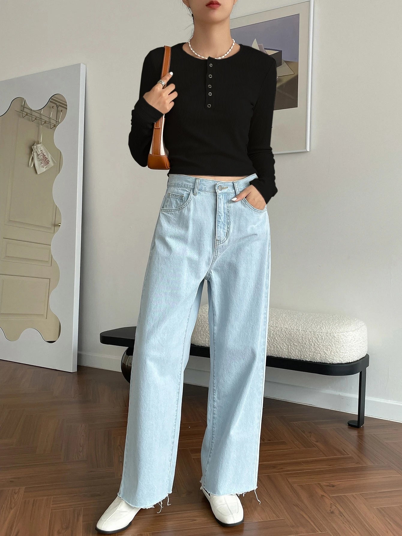 Ribbed Long Sleeve Henley Top - Button Neck Slim Fit Casual Tee