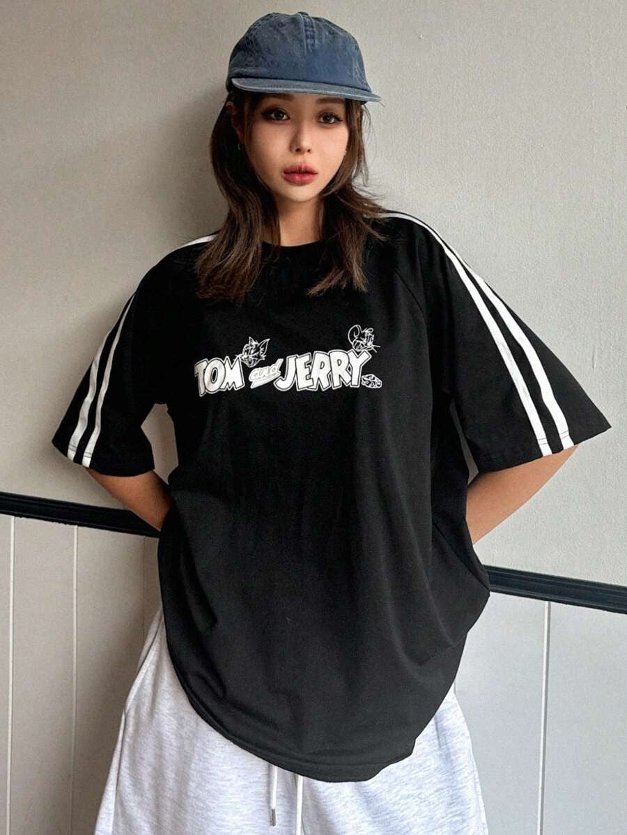 TOM AND JERRY X DAZY Women's Casual Loose Fit 3/4 Sleeve Letter Print Sport T-Shirt