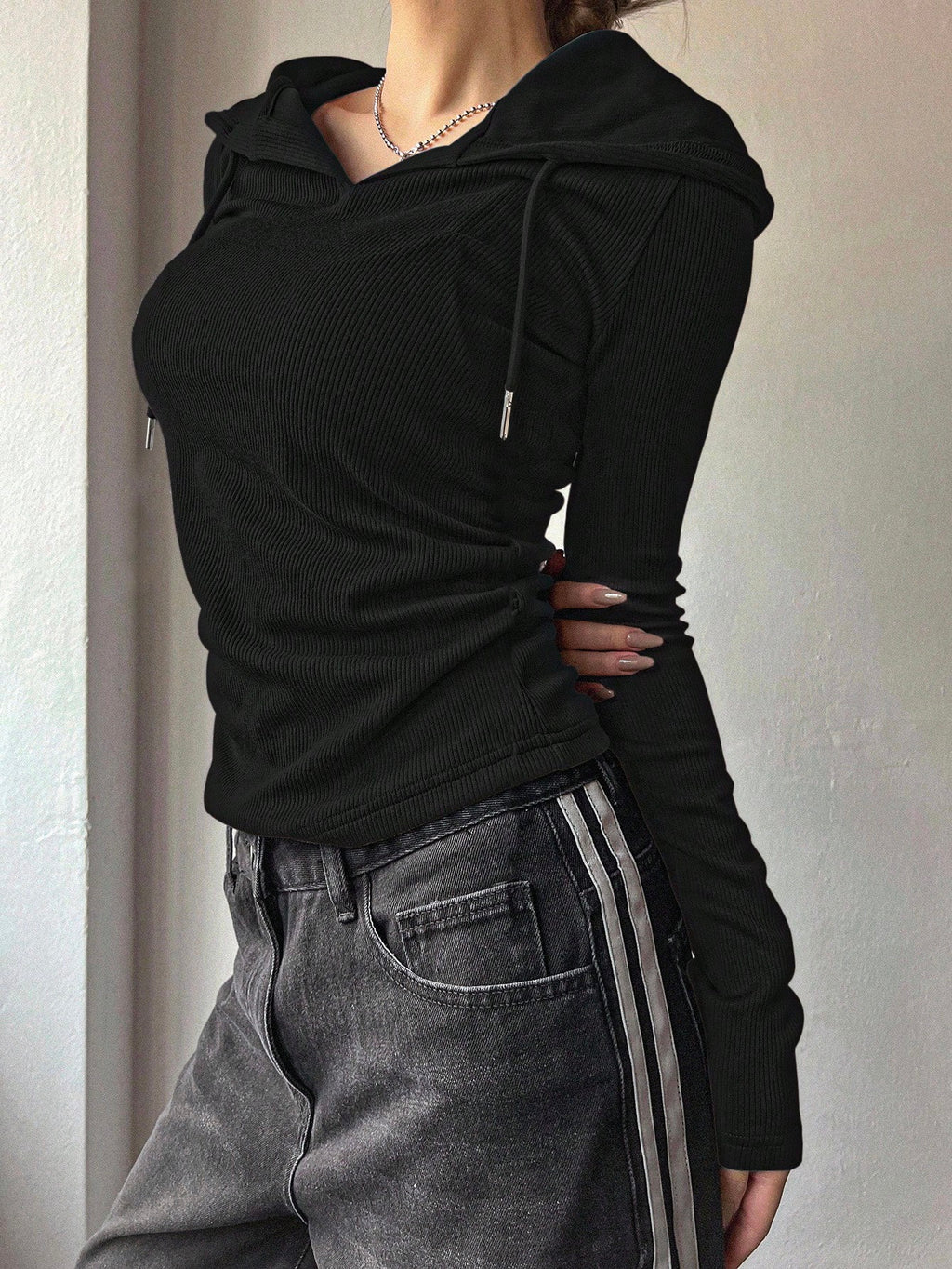 Solid Color Drawstring Hooded Long Sleeve T-Shirt