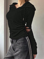 Solid Color Drawstring Hooded Long Sleeve T-Shirt