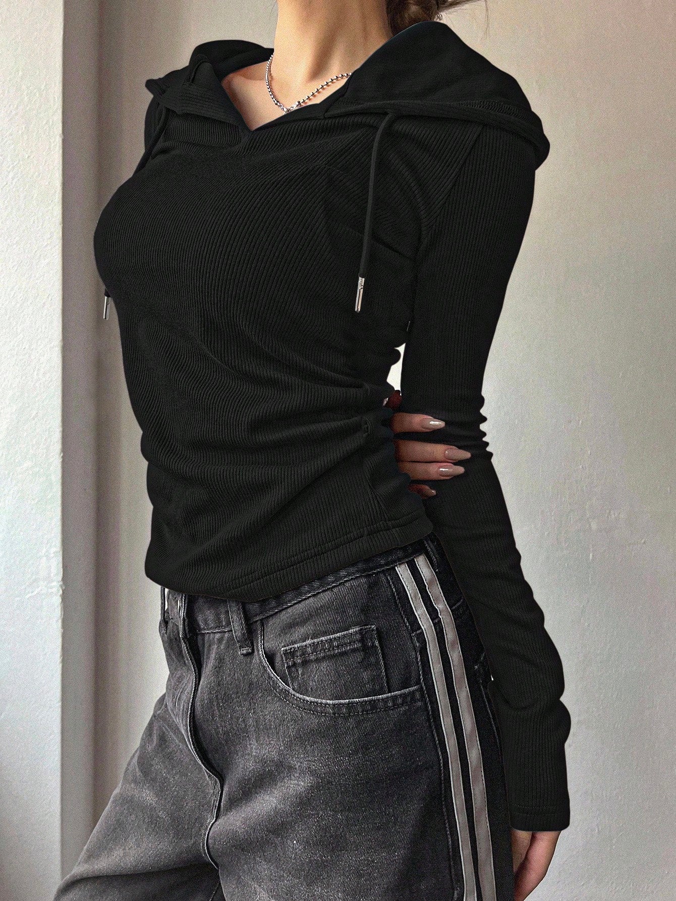 Solid Color Drawstring Hooded Long Sleeve T-Shirt