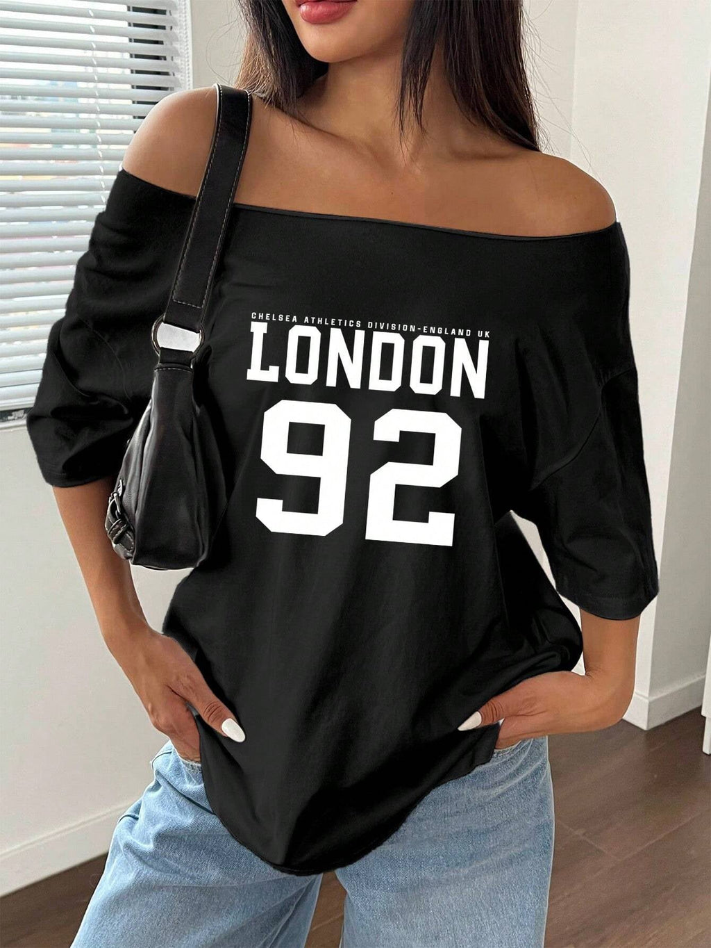 Letter Print Off-Shoulder Short Sleeve Casual Loose T-Shirt Graphic Tees