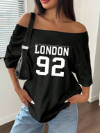 Letter Print Off-Shoulder Short Sleeve Casual Loose T-Shirt Graphic Tees