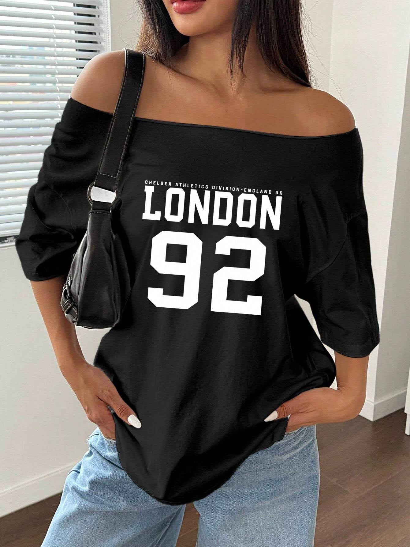 Letter Print Off-Shoulder Short Sleeve Casual Loose T-Shirt Graphic Tees