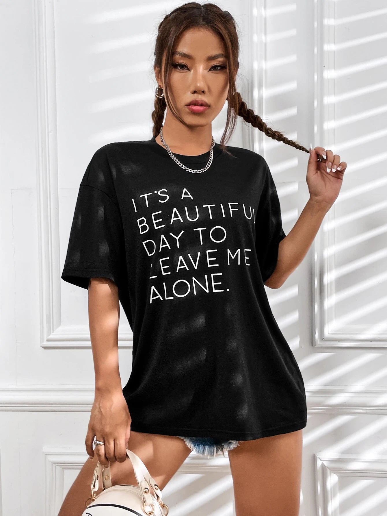 Slogan Graphic Drop Shoulder Tee IT'S A BEAUTIFUL DAY TO LEAVE ME ALONE