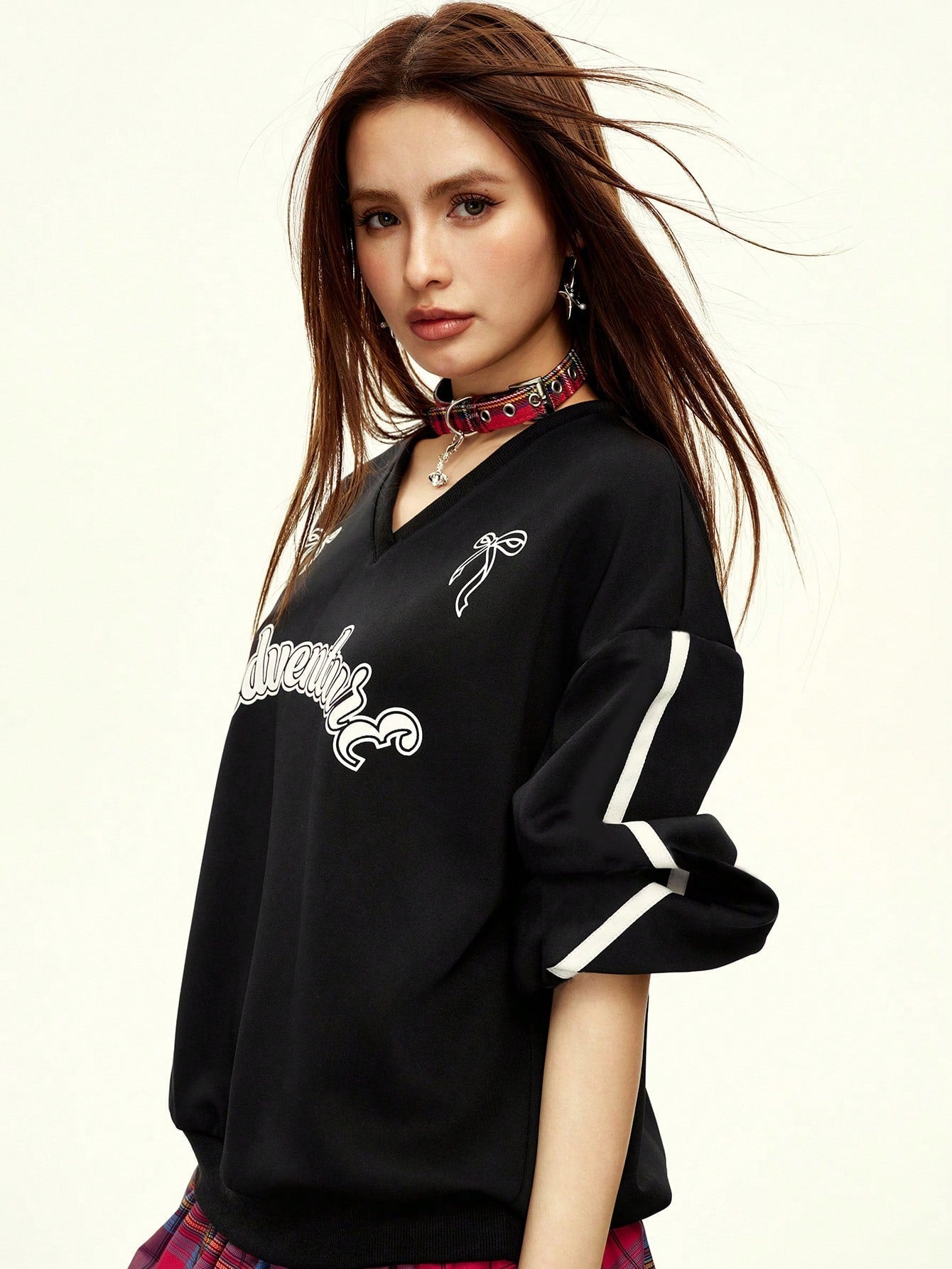 V-Neck Letter Print Drop Shoulder Long Sleeve Casual Sweatshirt Pullover Fall
