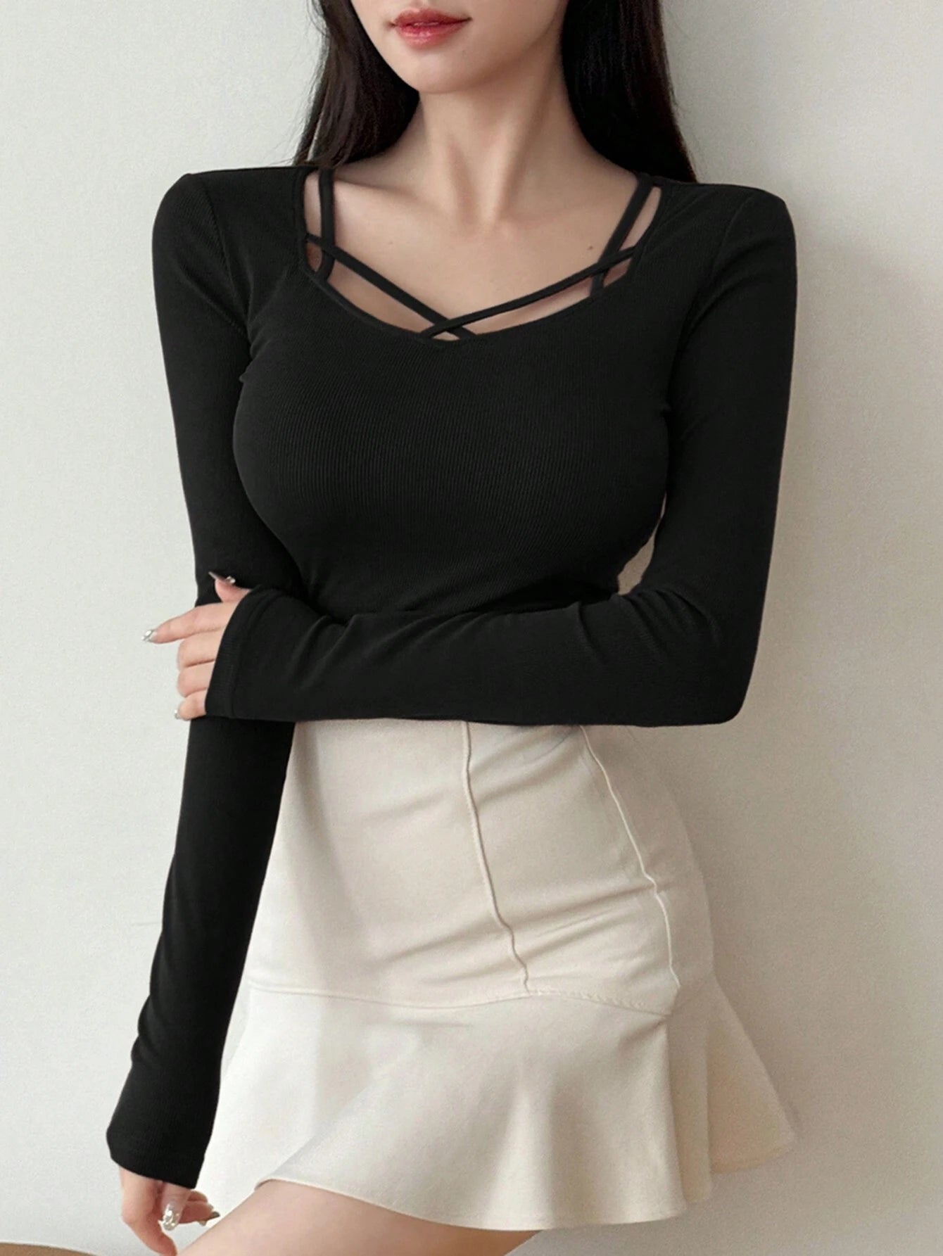 Hollow Out Design Ribbed T-Shirt