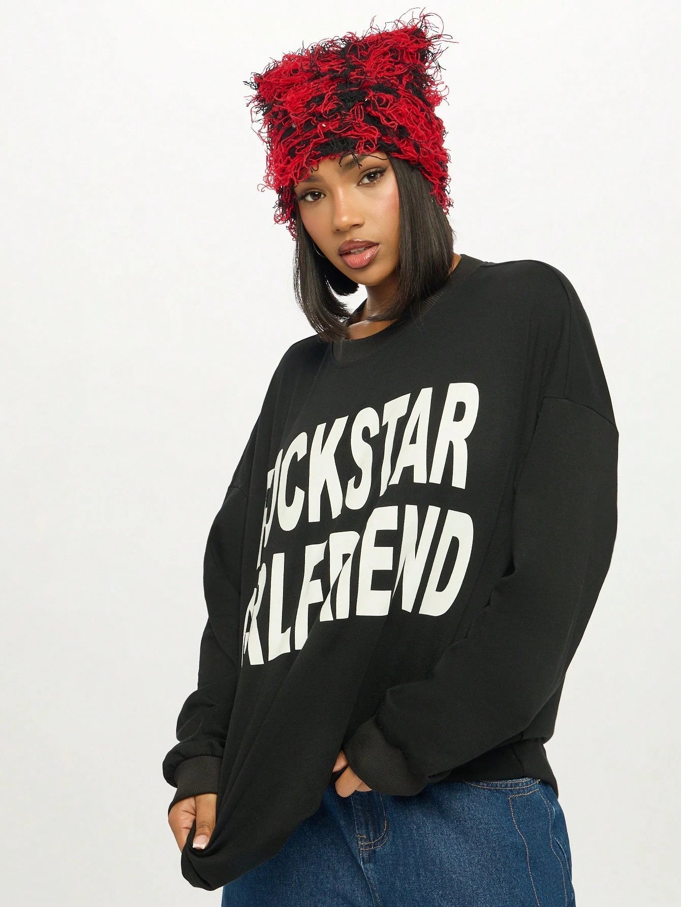 Rockstar Girlfriend Long Sleeve Graphic Tee Oversized Boyfriend Style Cotton Blend Statement Top