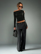 Off Shoulder Long Sleeve Crop Top Cold Shoulder Cutout Design Black Fitted Shirt