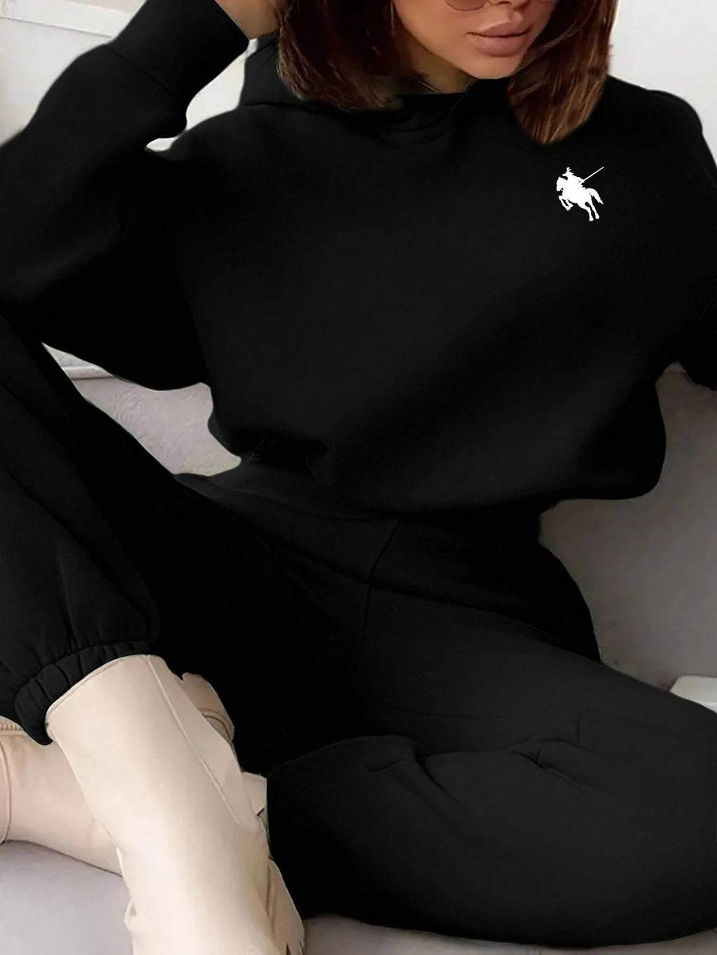 Heart Print Long Sleeve Cropped Hoodie And Drawstring Waist Pocketed Jogger Sweatpants 2 Pieces Set