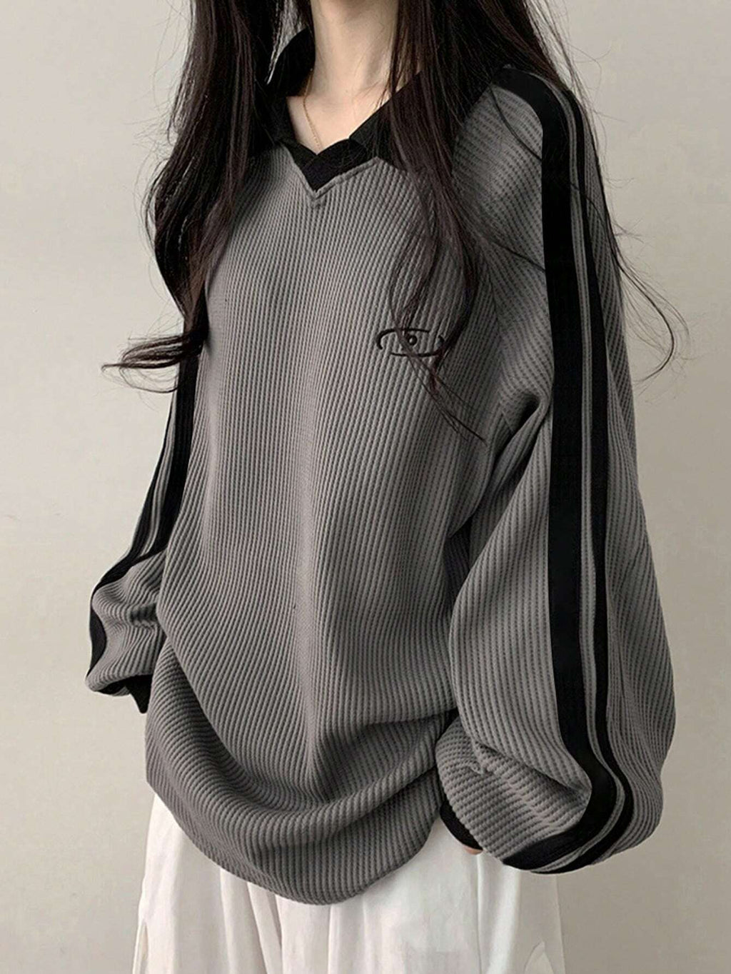 Contrast Color Block Striped Long Sleeve Casual Letter Print Sweatshirt, Collegiate Style, Long Sleeve Tops